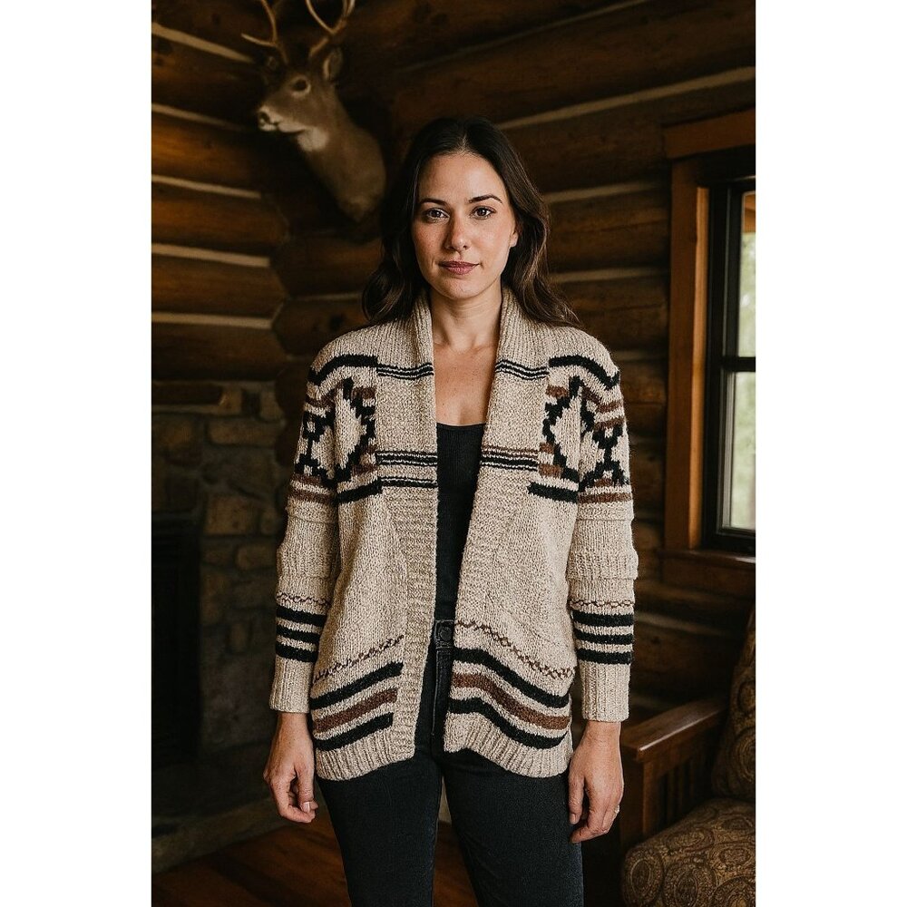 Karlie Wool Blend Aztec Knit Cardigan S Beige Brown Boho Western Cozy Chic
